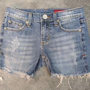 Vigoss Jean Shorts Womens Size 1/2 Medium Wash Cut Offs Trendy Fringed Hems
